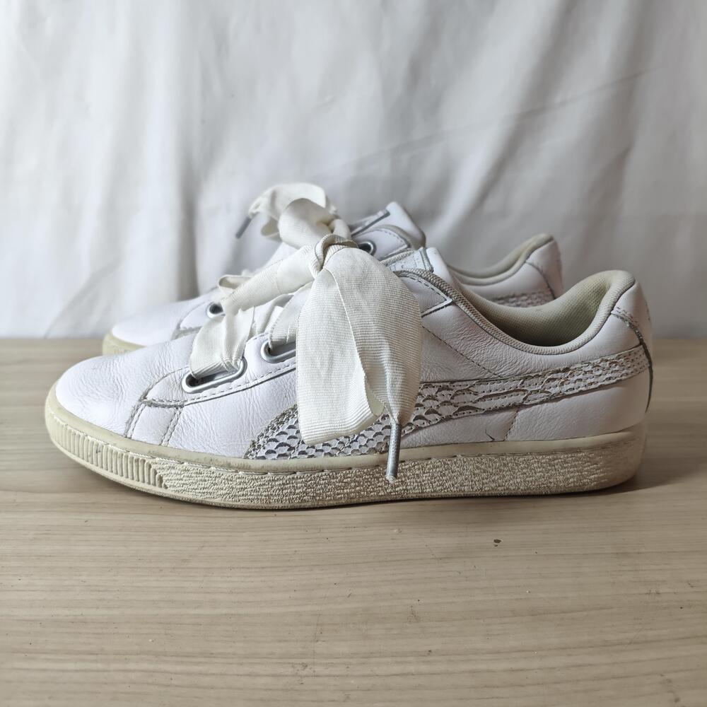 Puma Basket Shoes Womens Size 10 White Ribbon Lace Leather Low Top 366443-02